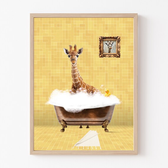 Giraffe In Bubble Bath With Rubber Duck Funny Bathroom Poster
