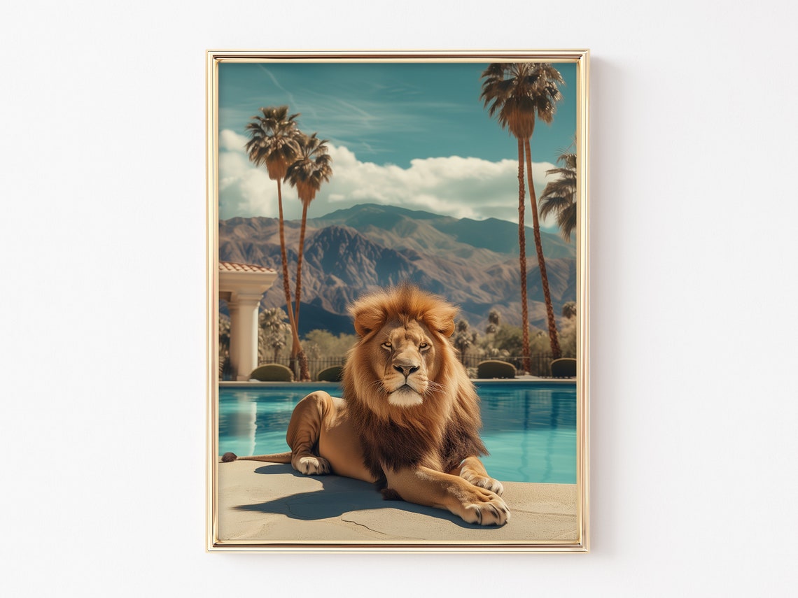 Majestic Lion Poolside Palm Trees Desert Mountains Resort Wall Art