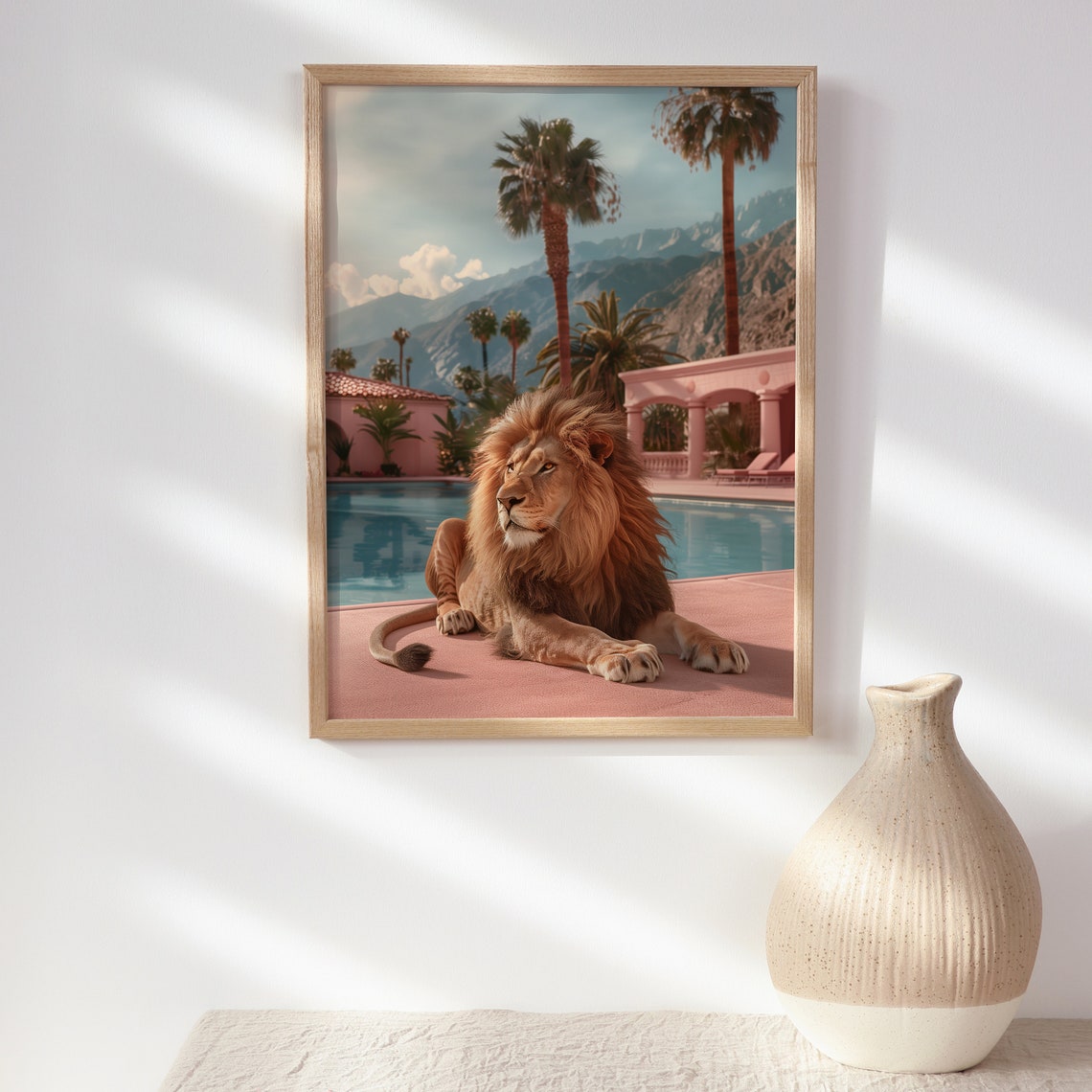 Regal Lion Resting on Pink Stone by a Resort Pool with Palms Poster - Image 2