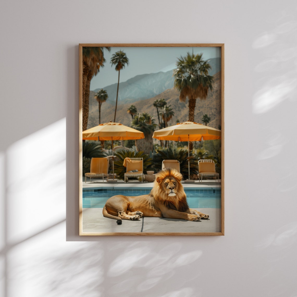 Relaxed Lion Lounging Poolside Among Yellow Umbrellas Poster - Image 2