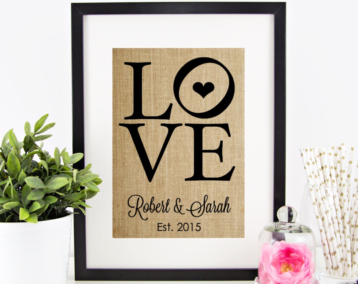 LOVE Bold Typography Personalized Couple Anniversary Burlap Poster