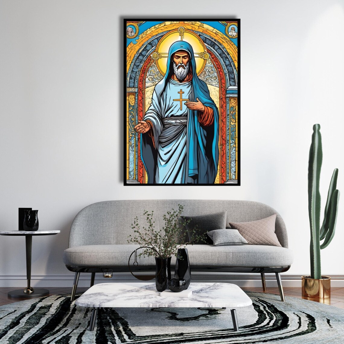 Stained Glass Style Jesus Christ In Blue Robe Religious Poster - Image 5