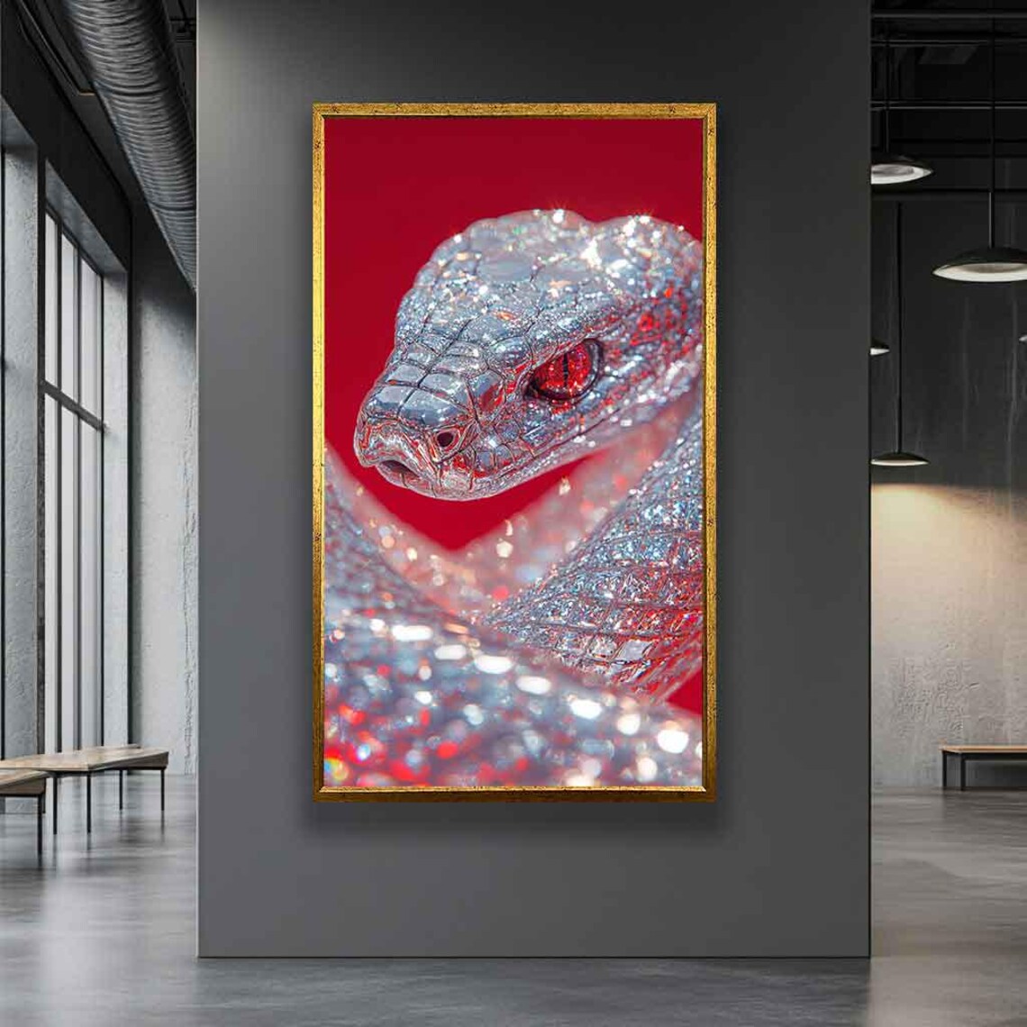 Diamond Crystal Snake With Glowing Red Eyes on a Red Background Poster - Image 5