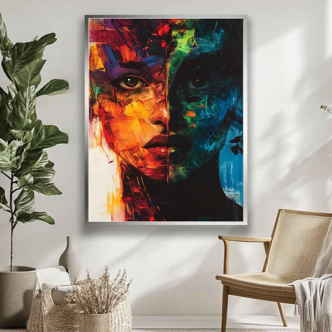 Split Face Abstract Portrait Fire And Teal Emotional Art Poster - Image 4