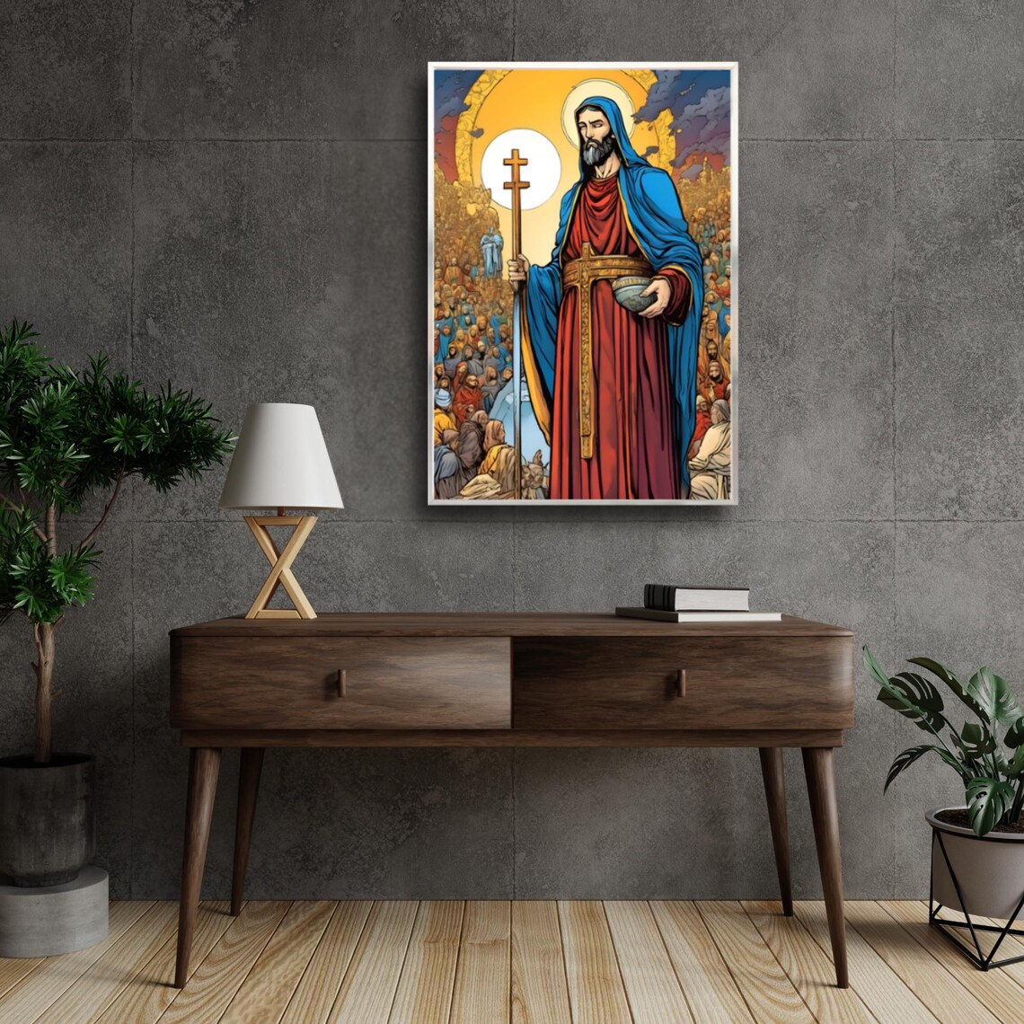 Saint Figure With Cross Staff Moonlit Crowd Religious Poster - Image 3
