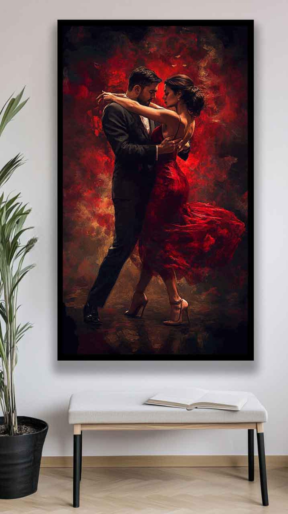 Passionate Tango Dancers Embracing in Dark Crimson Red Glow Poster - Image 2