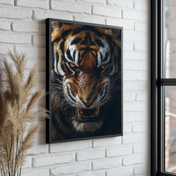 Scarred Fierce Tiger Face Close-Up Dramatic Wildlife Portrait Poster