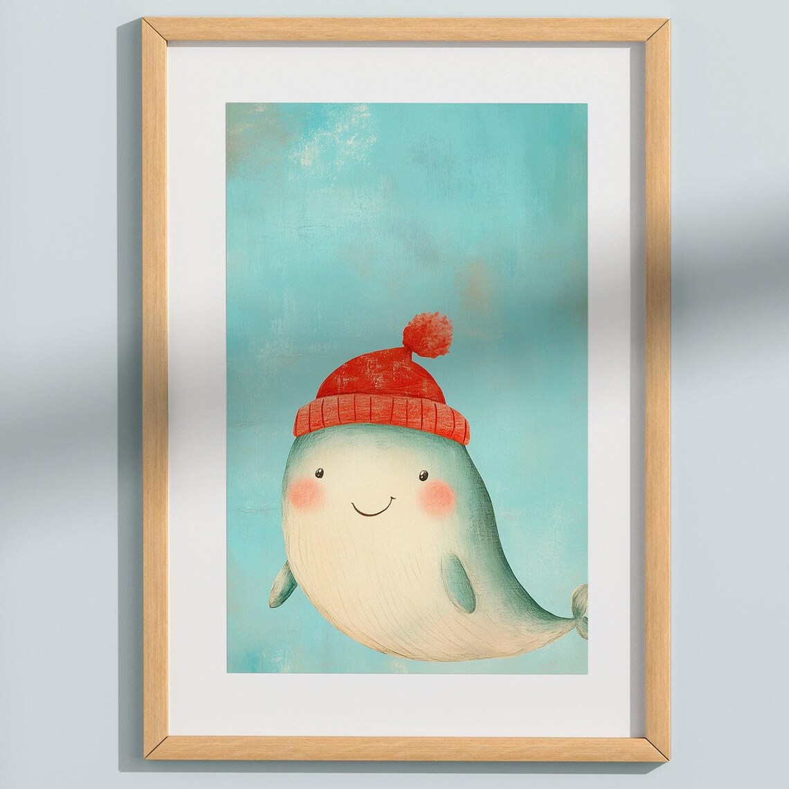 Smiling Whale with Red Beanie Watercolor Nursery Room Art Poster