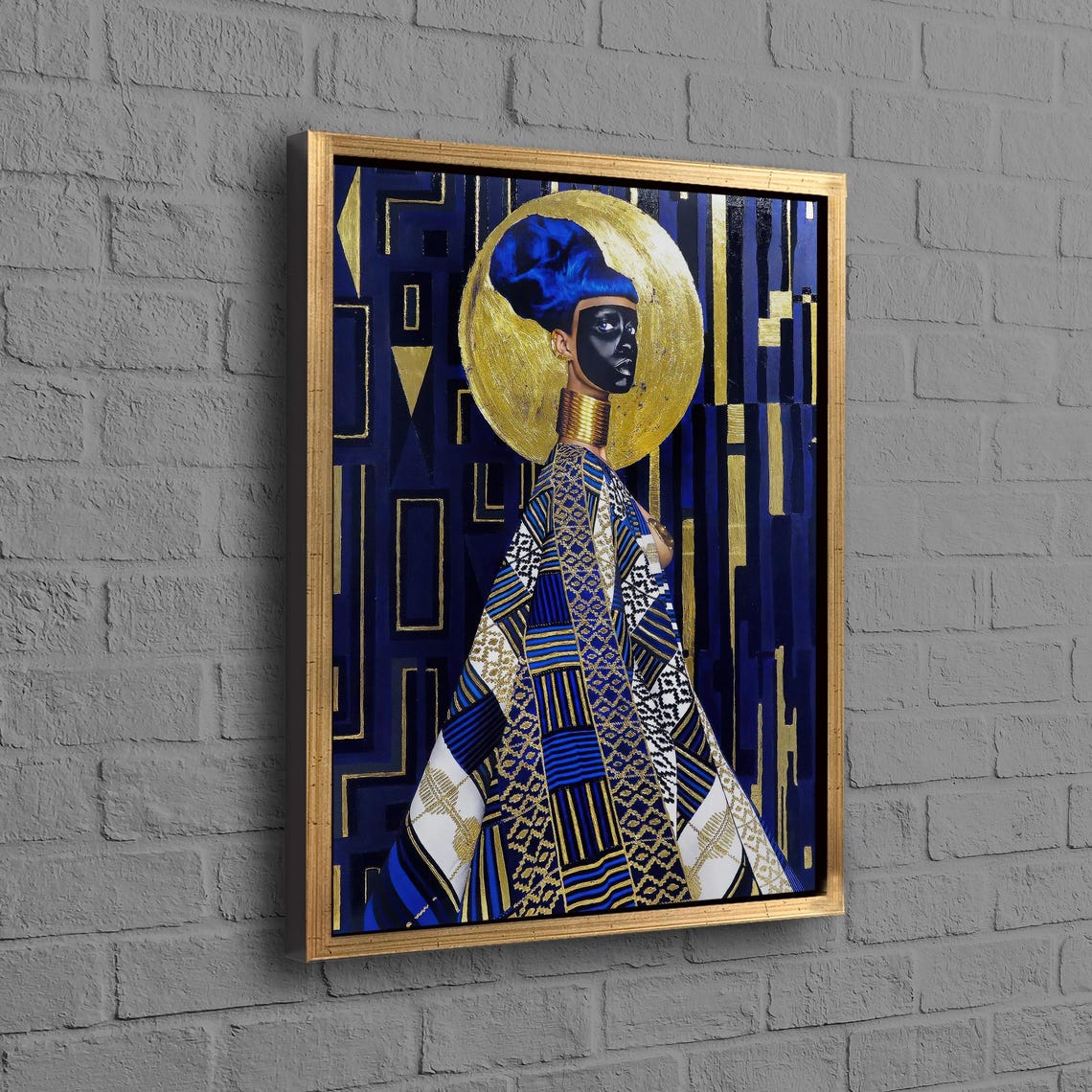 African Queen Blue Gold Headdress Kente Cloth Geometric Art Poster