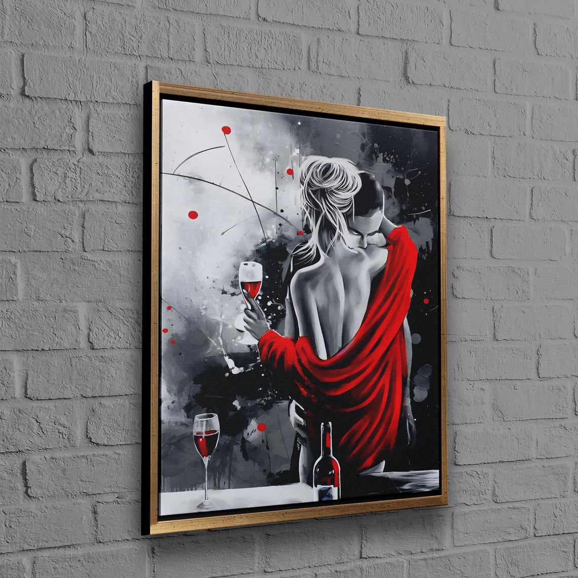 Couple Embracing Red Wine Black White Passion Painting Poster