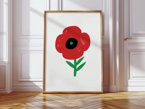 Cute Red Green Flower Nursery Wall Art Print Hand Drawn Botanical Poppy Illustration Colorful Wavy Floral Decor For Kids Room