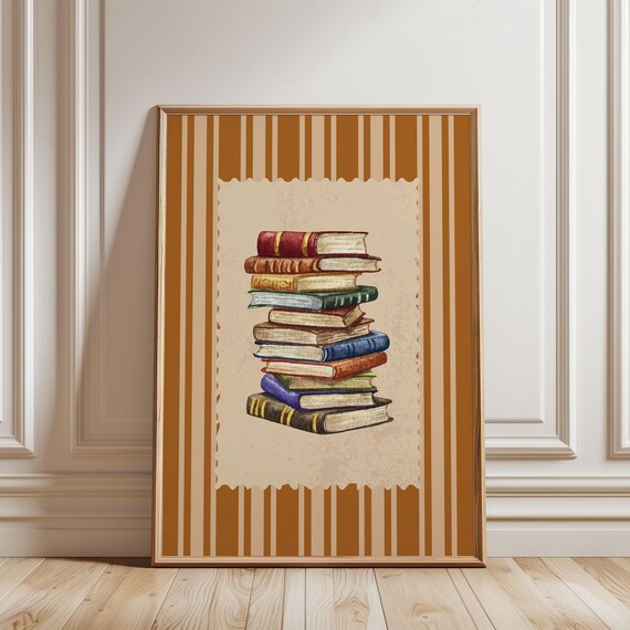 Stack of Vintage Books Caramel Striped Background Book Lover Art Print