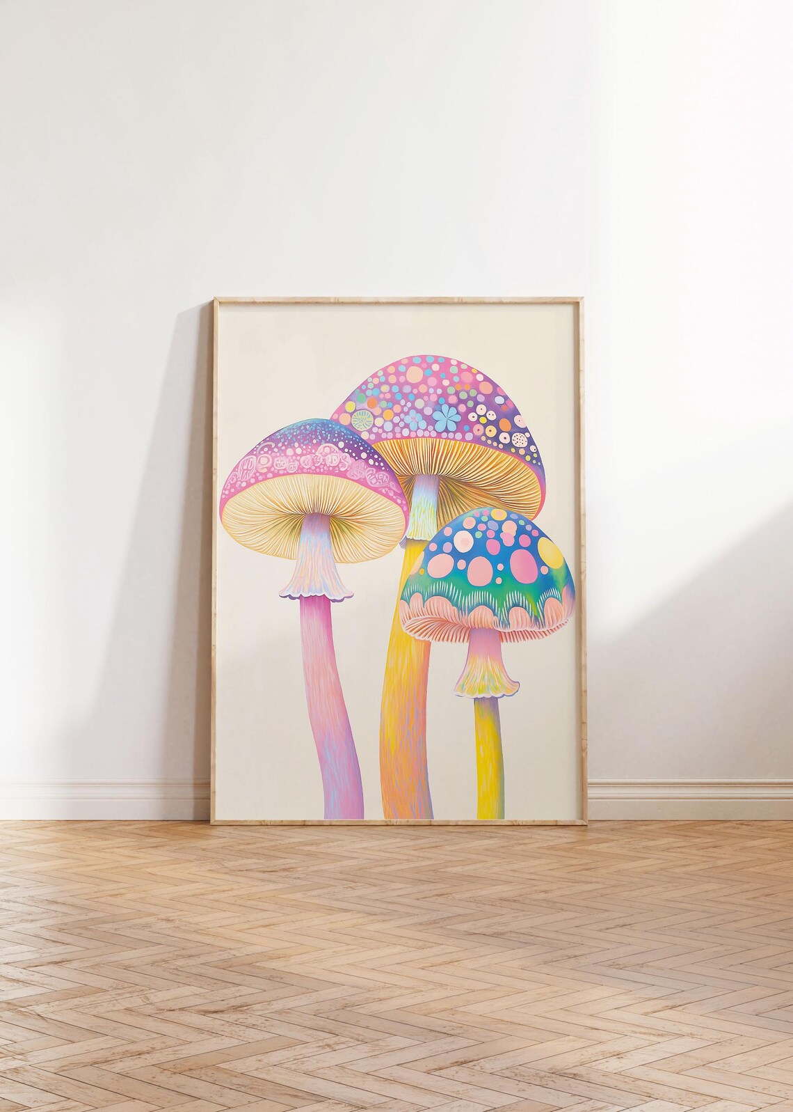 Pastel Rainbow Mushroom Trio Botanical Floral Art Poster Whimsical