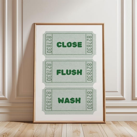 Close Flush Wash Funny Bathroom Toilet Rules Print Saga Green White Toile Retro Art Trendy Wall