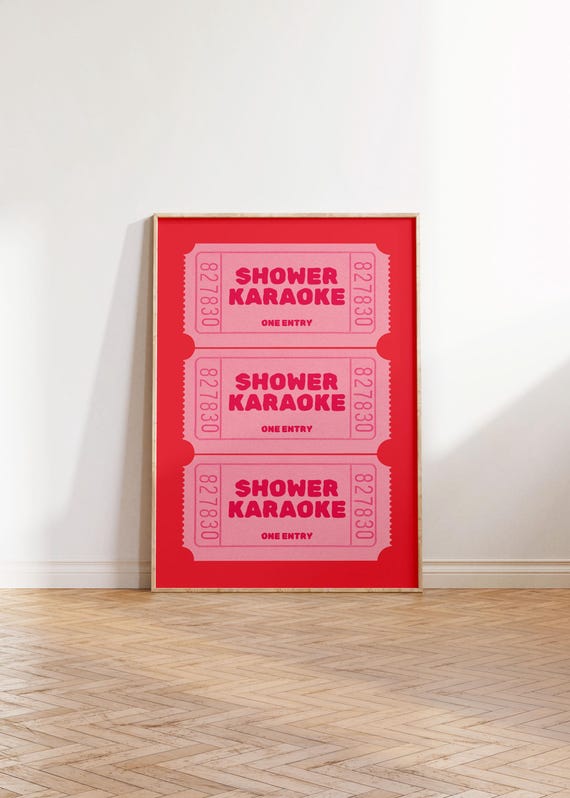 Vibrant Colourful Retro Shower Karaoke Singing Funny Bathroom Print In Pink Red Wall Decor Prints Trendy Art