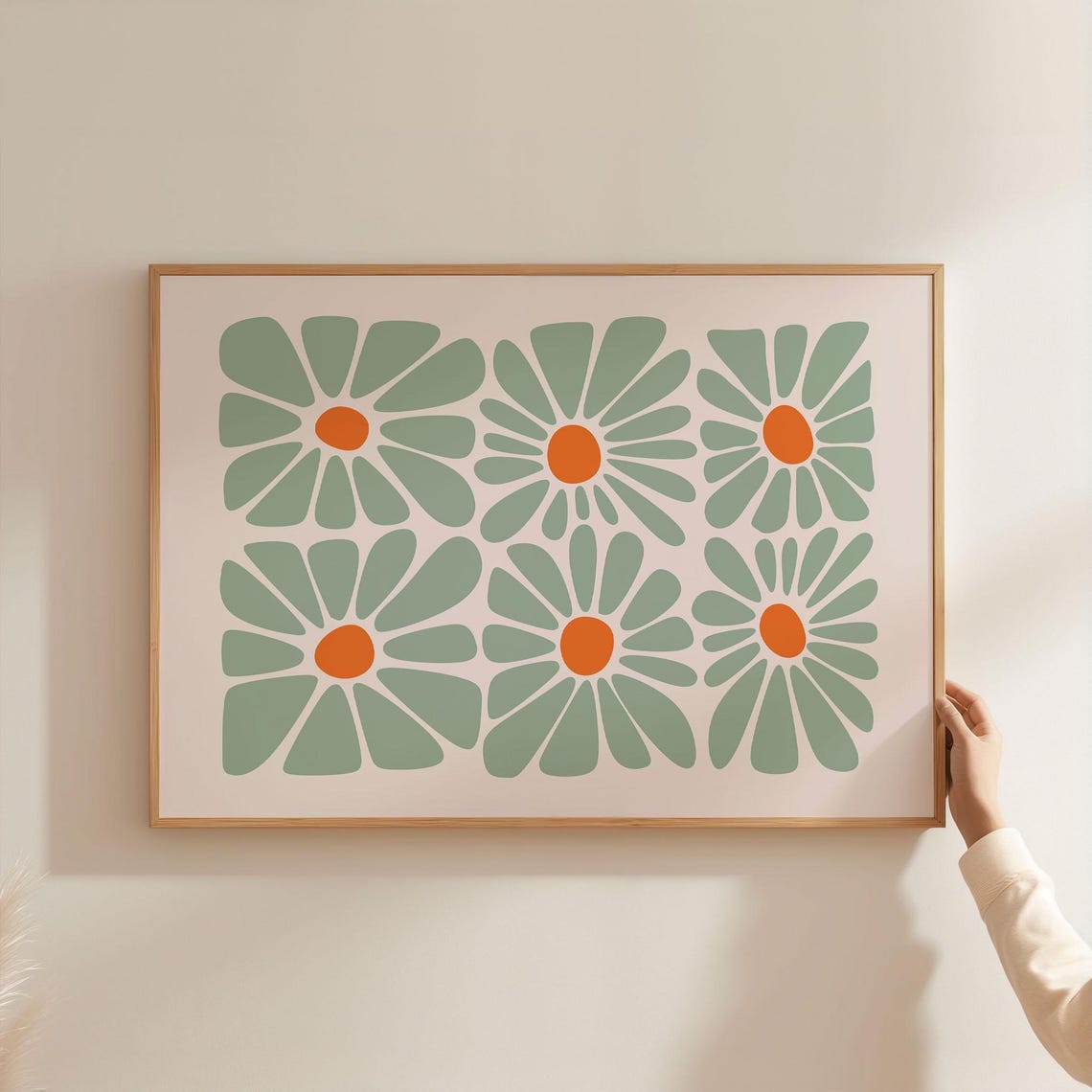 Retro Sage Green Daisies Grid Floral Botanical Wall Art Decor