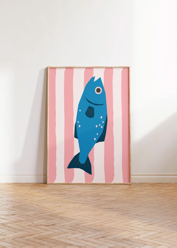 Physical Poster Sardines Maximalist Colourful Retro Fish Sea Life Ocean Seafood Stripe Kitchen Wall In Pink Blue Decor