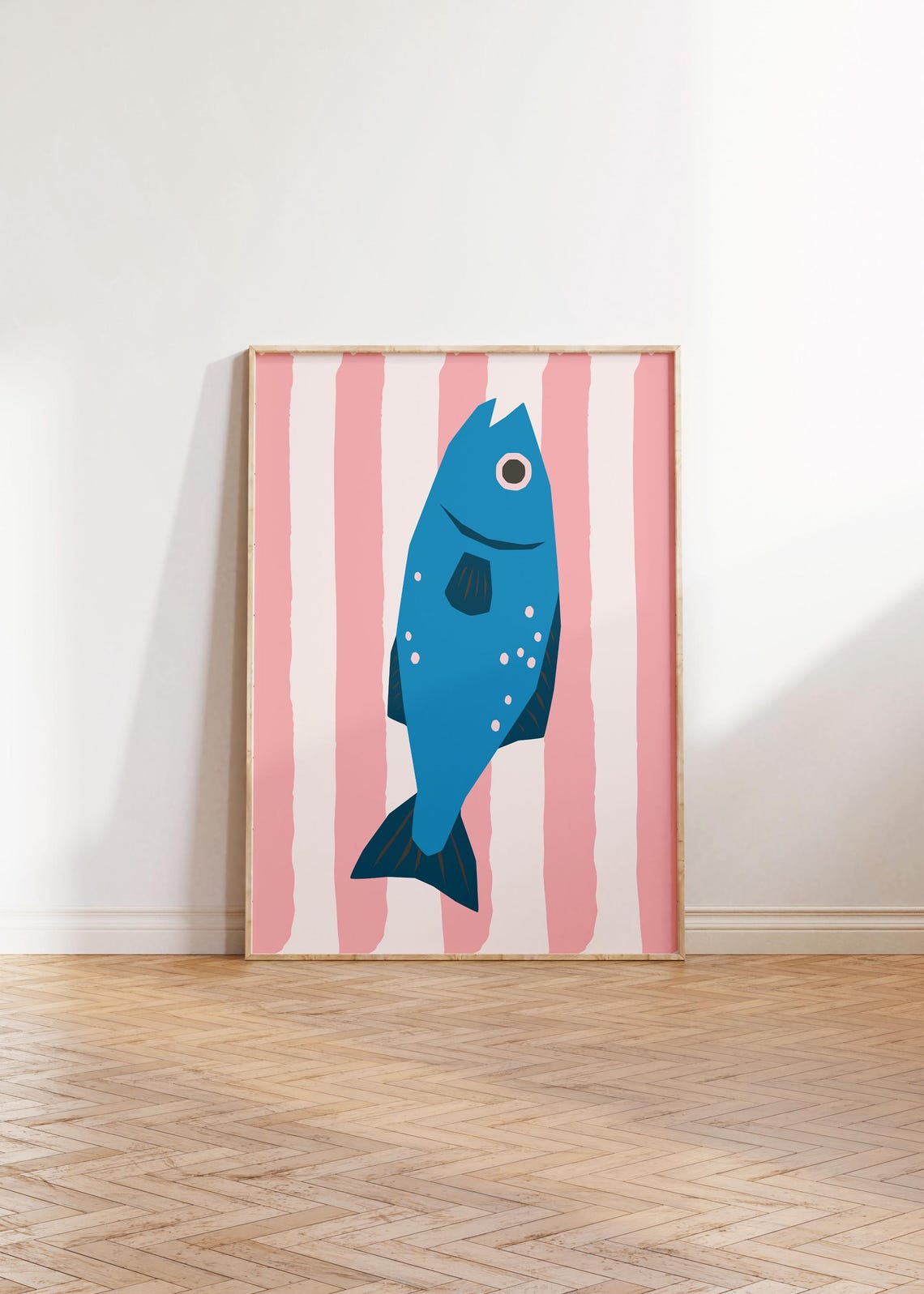 Chunky Blue Fish on Pink Stripes Playful Modern Ocean Art Print