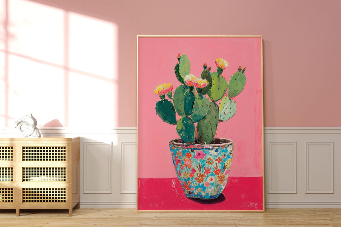 Blooming Prickly Pear Cactus Pink Background Modern Botanical Poster