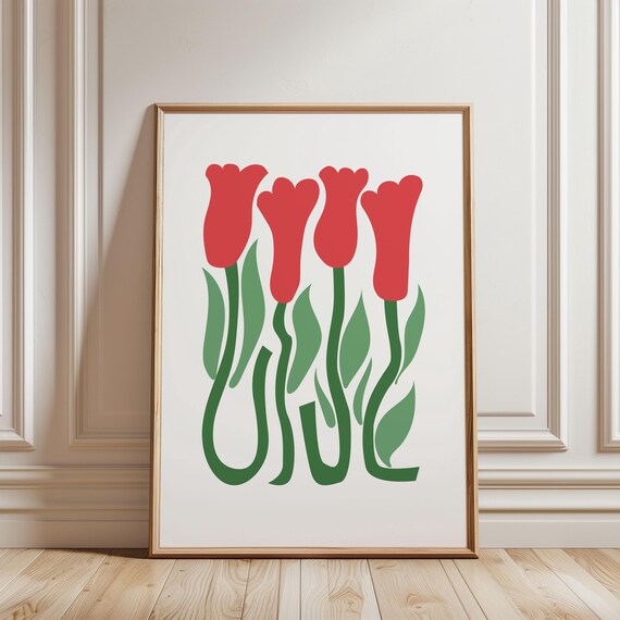 Red Tulip Blooms Hand Drawn Modern Botanical Floral Art Print