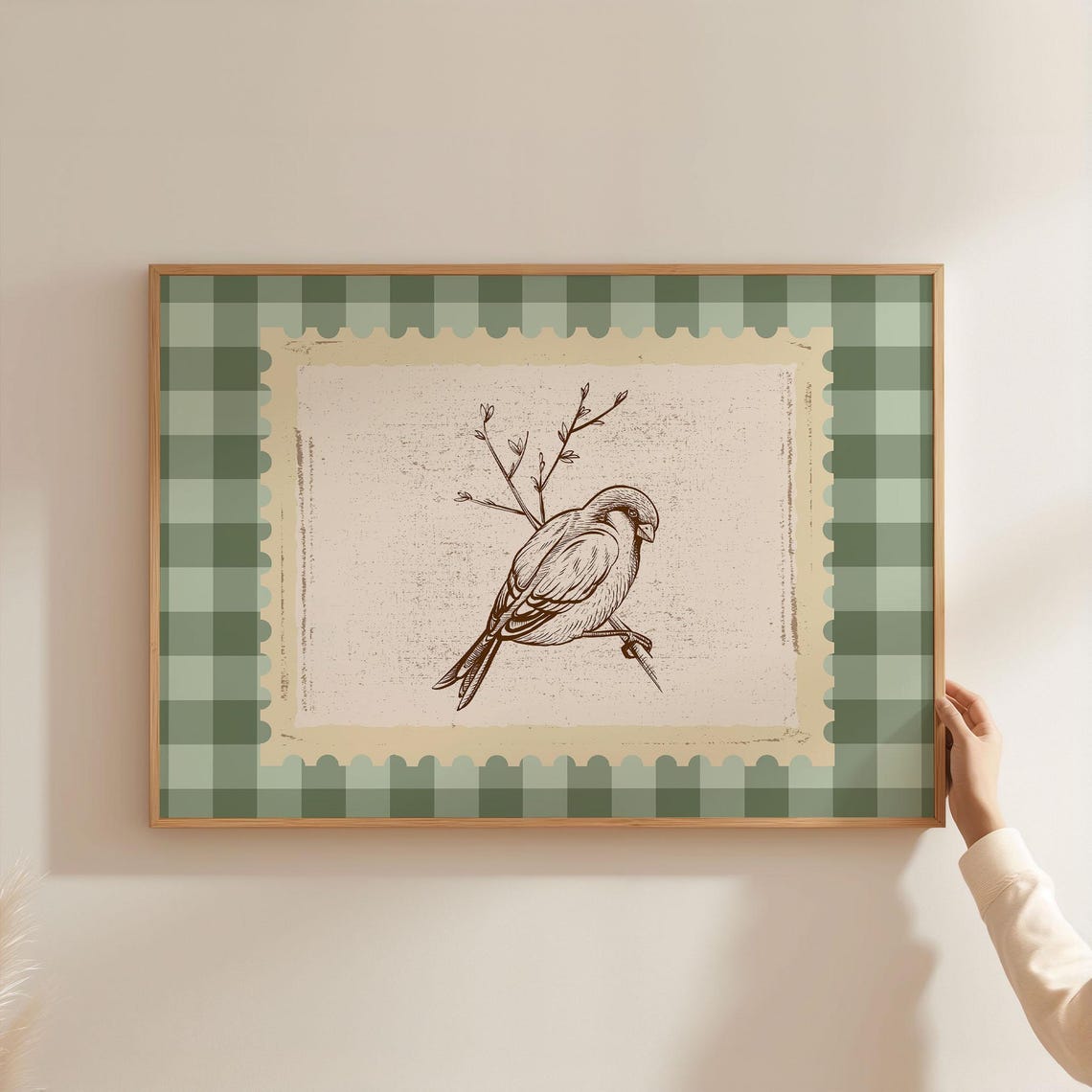 Vintage Bird Sketch Postage Stamp Green Gingham Botanical Print