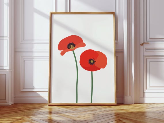 Cute Red Green Flower Nursery Wall Art Hand Drawn Botanical Poppy Morning Glory Tulips Illustration Colorful Wavy Floral Print