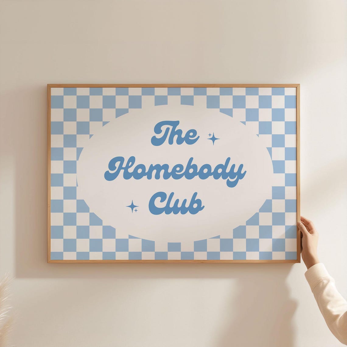 The Homebody Club Blue Checkered Retro Script Typography Poster