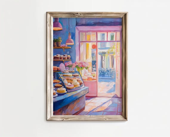 Physical Poster Vintage Pastel Cake Bakery Cafe Art Print Paris Shop In Pink Blue Yellow Wall
