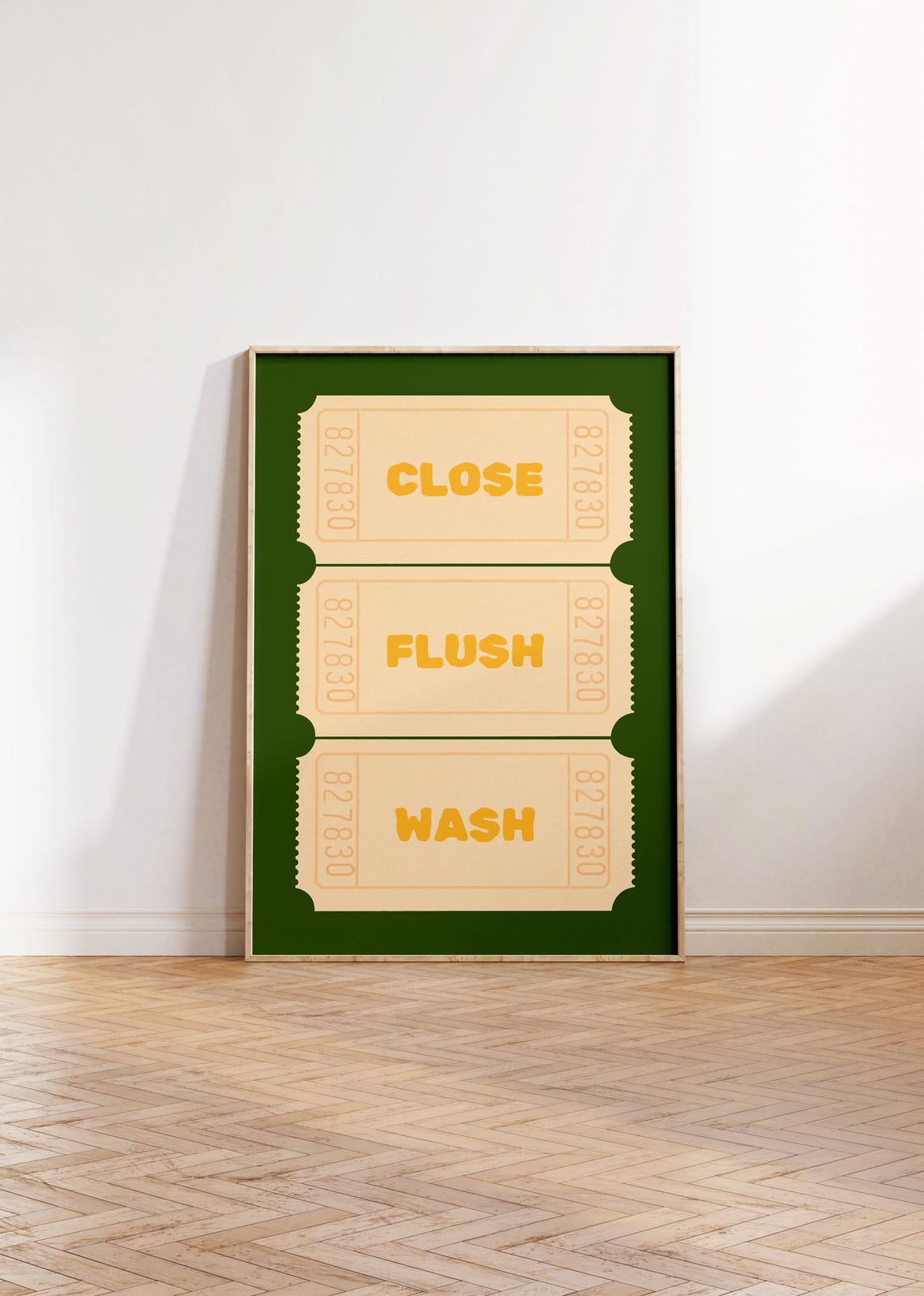 Close Flush Wash Deep Green Cream Retro Ticket Bathroom Poster