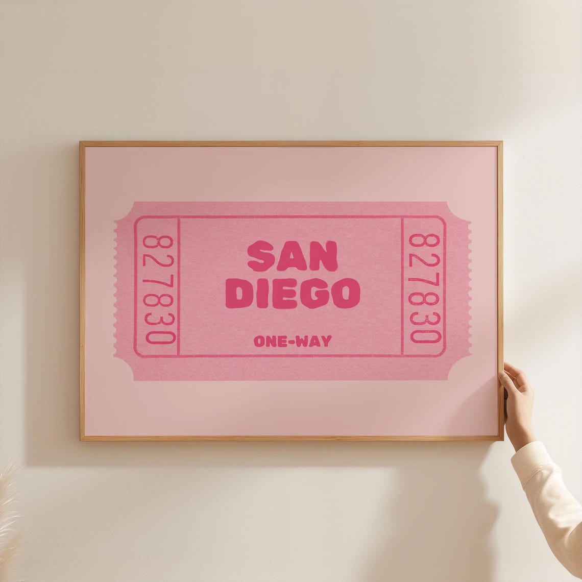 San Diego Pink Ticket Stub Typography Travel Poster One Way Art
