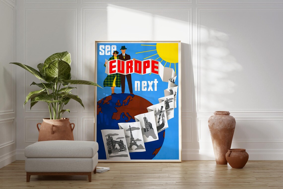 See Europe Vintage Travel Poster Globe Landmarks Map Retro Tourism Art - Image 2