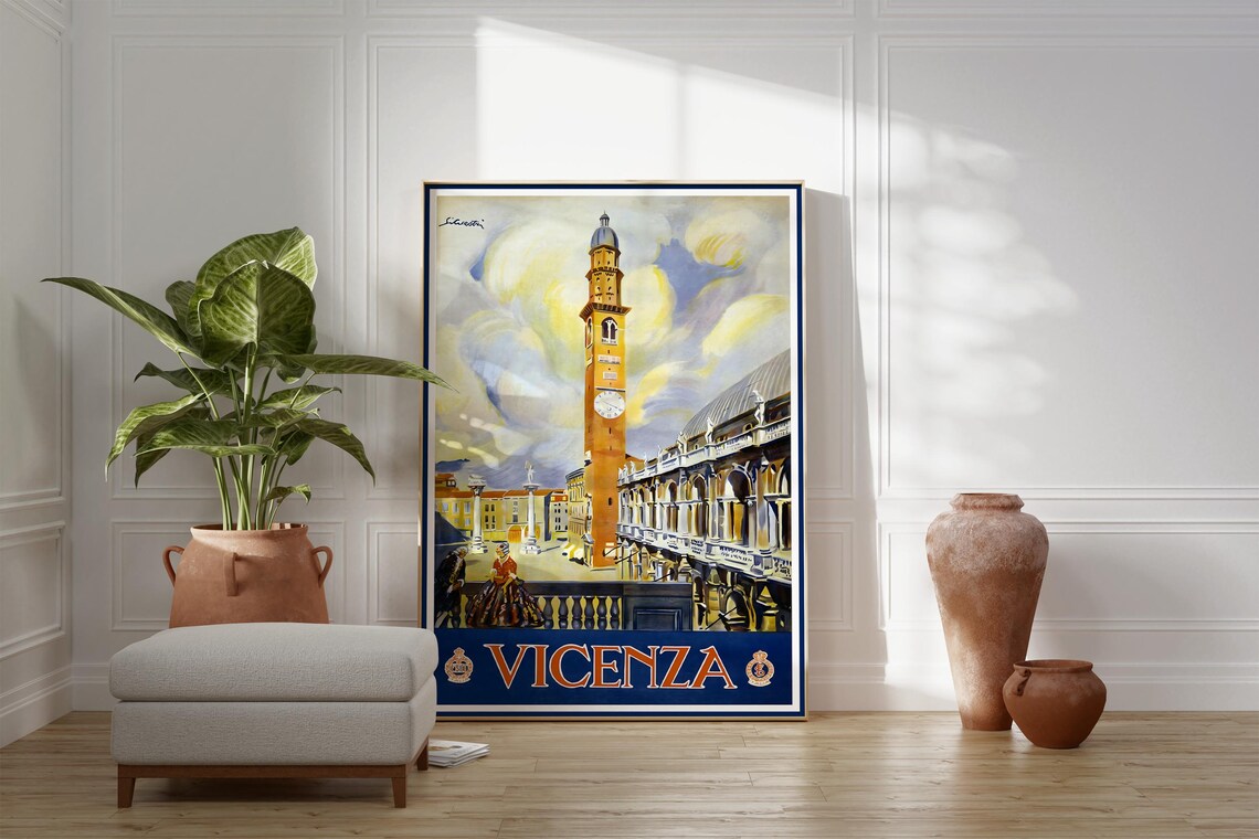 Vicenza Italy Vintage Travel Poster Old Town Bell Tower View - Image 2