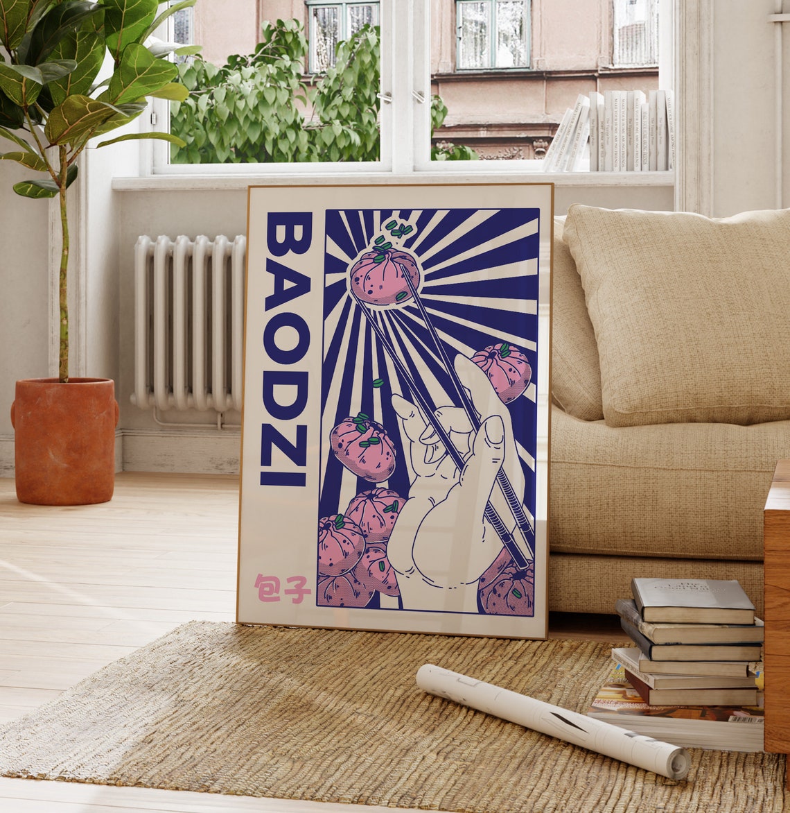 Baozi Steamed Buns Retro Pop Art Chopsticks Illustration Food Poster - Image 3