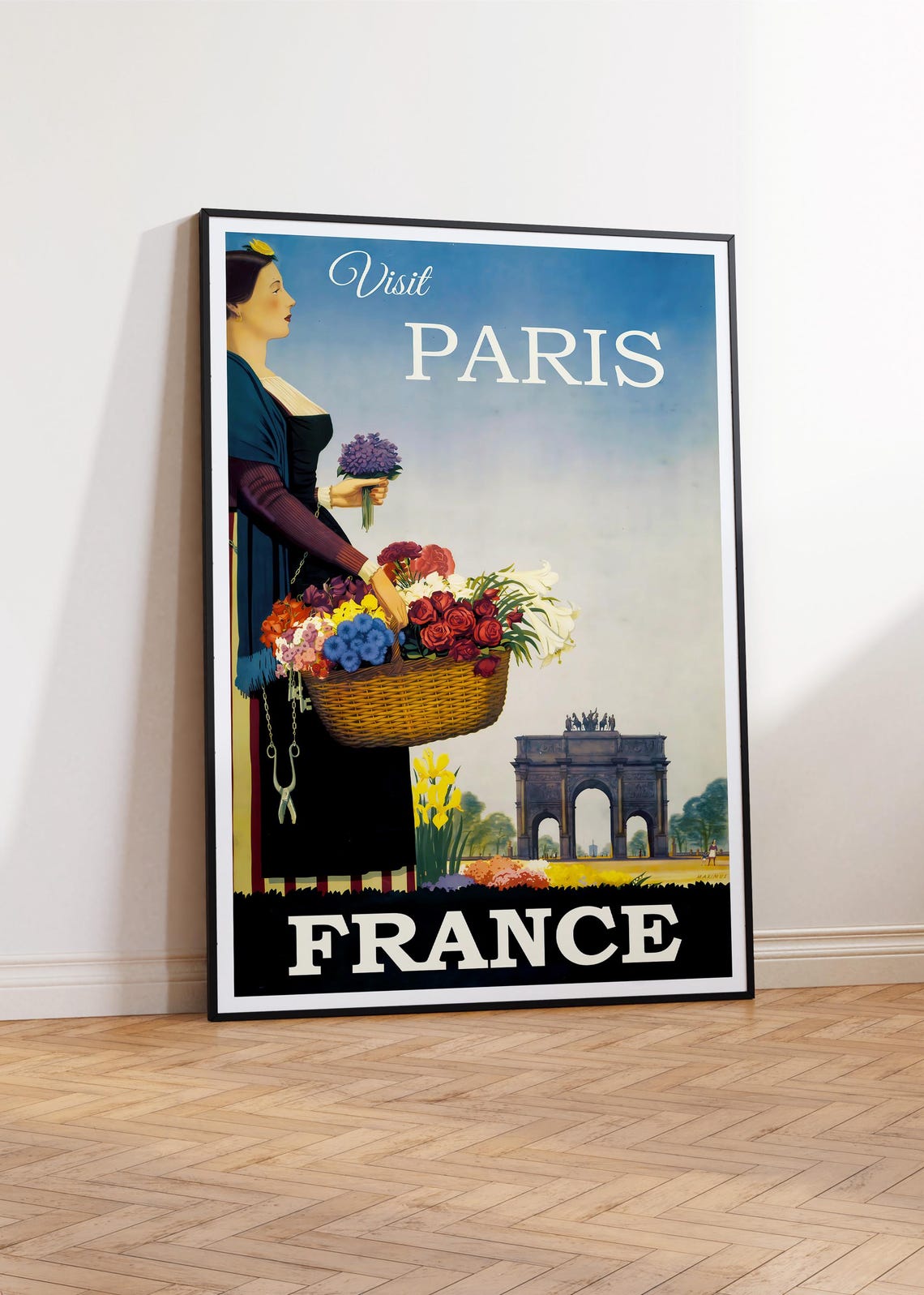 Visit Paris France Flower Seller Vintage Arch Monument Travel Poster - Image 2