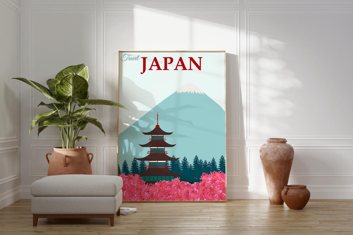 Japan Minimalist Travel Poster Mount Fuji Pagoda Cherry Blossom Scene - Image 4