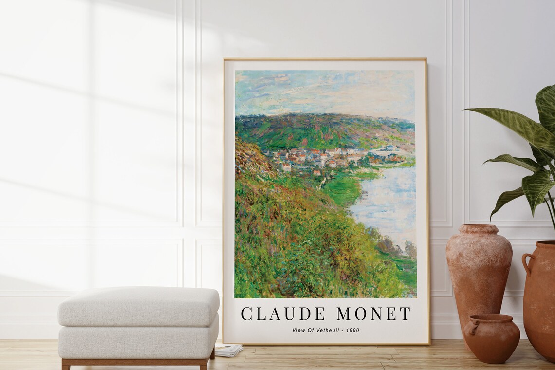 Claude Monet View Of Vetheuil 1880 Seine River Village Green Hills Poster - Image 3