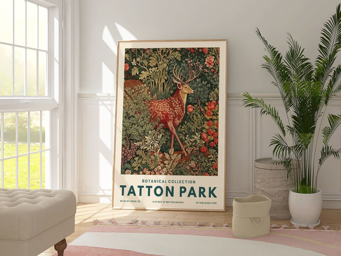 Tatton Park Botanical Stag Deer Tapestry Style William Morris Art Poster - Image 2
