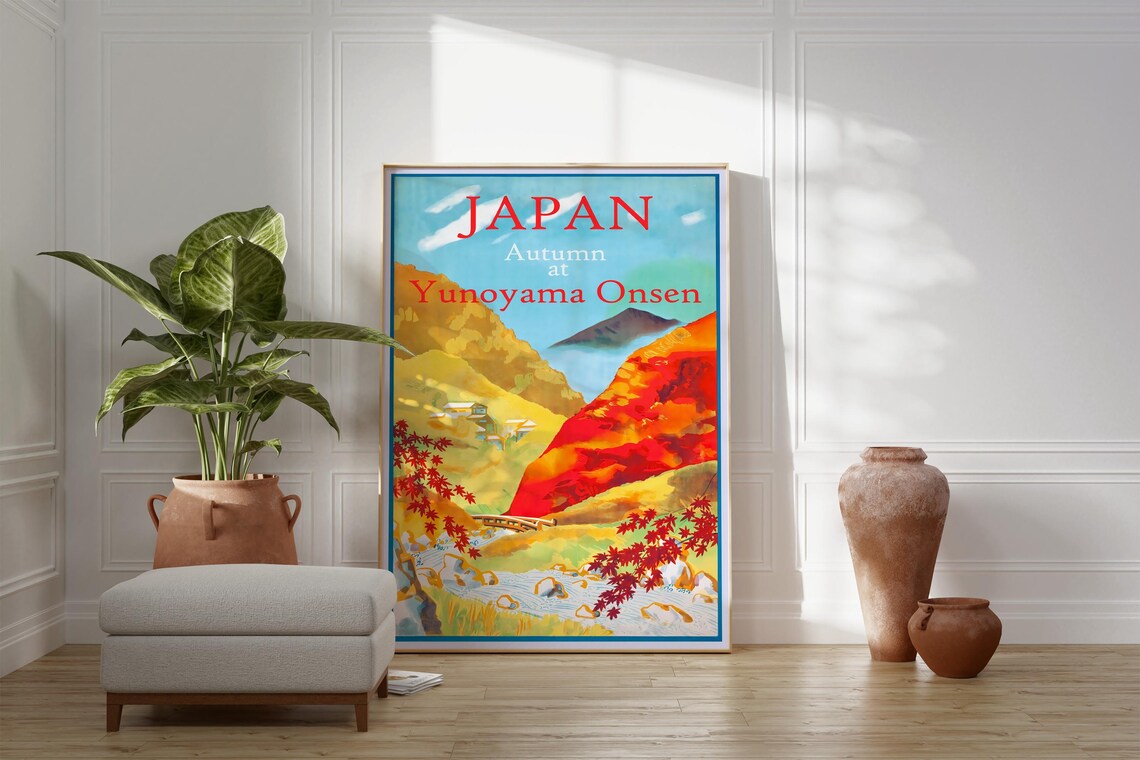 Japan Autumn At Yunoyama Onsen Red Maple Valley Vintage Travel Poster - Image 4