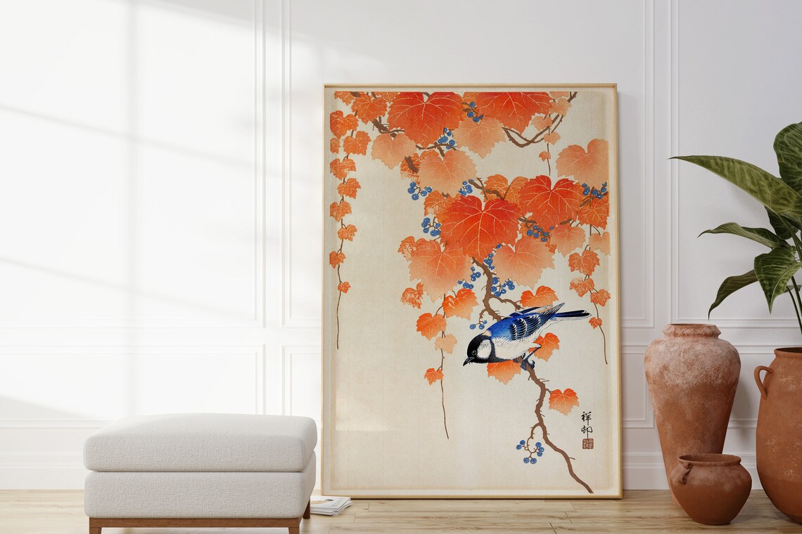 Japanese Songbird Autumn Leaves Blue Bird Vintage Botanical Art Poster - Image 3
