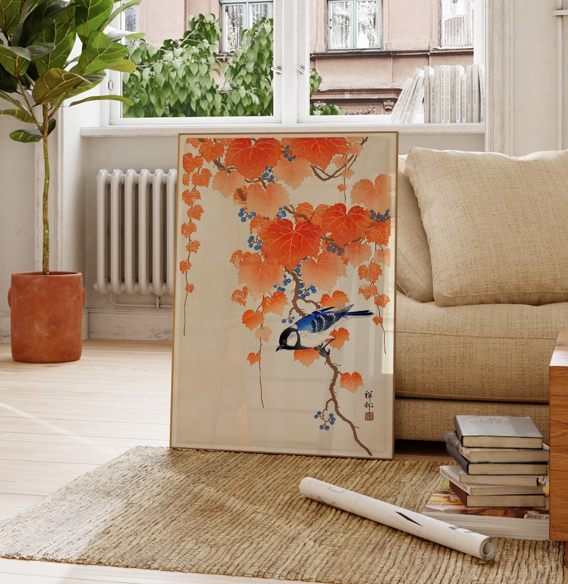 Japanese Songbird Autumn Leaves Blue Bird Vintage Botanical Art Poster - Image 4