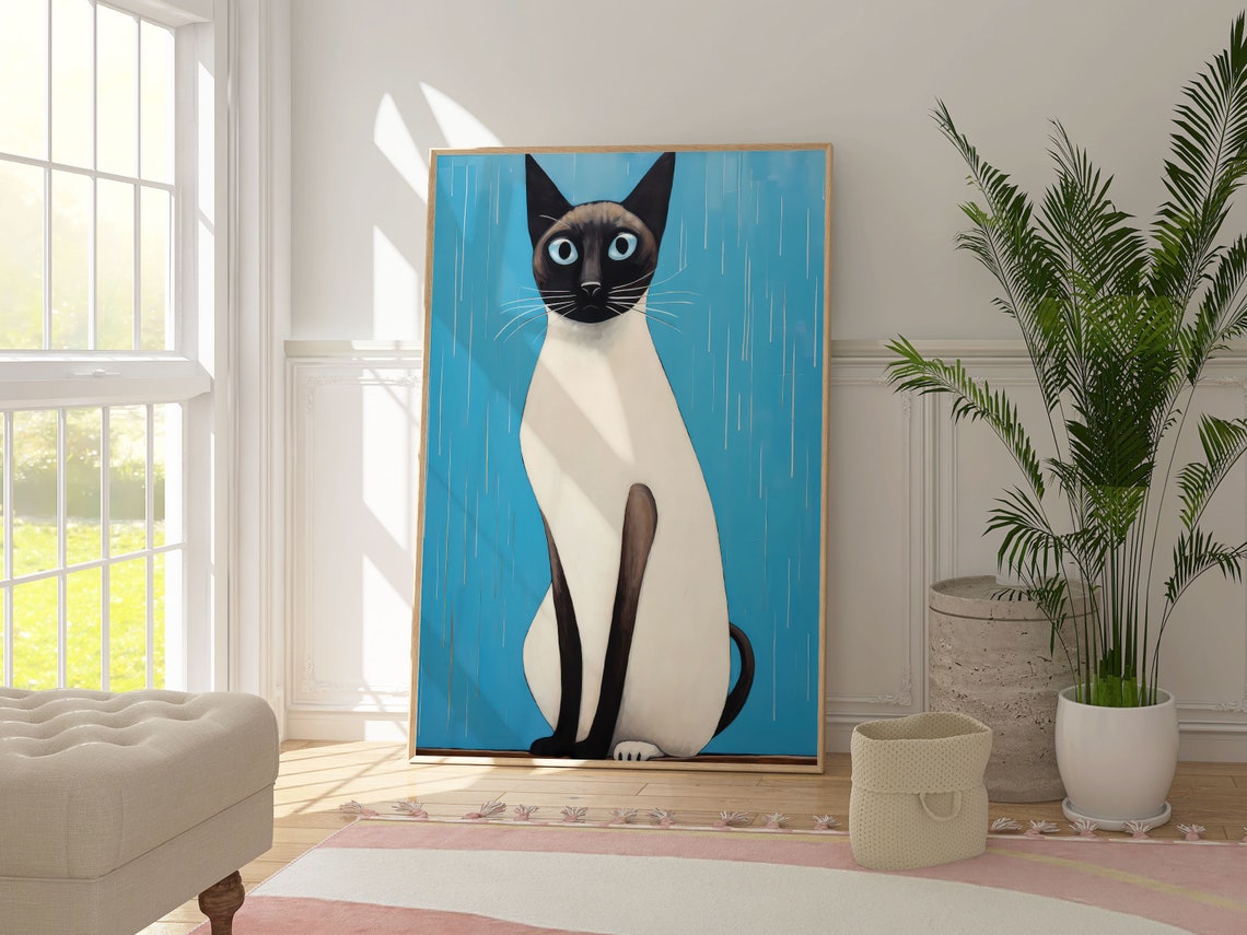 Siamese Cat Blue Eyed Pet Portrait Bright Blue Wall Art Print - Image 4