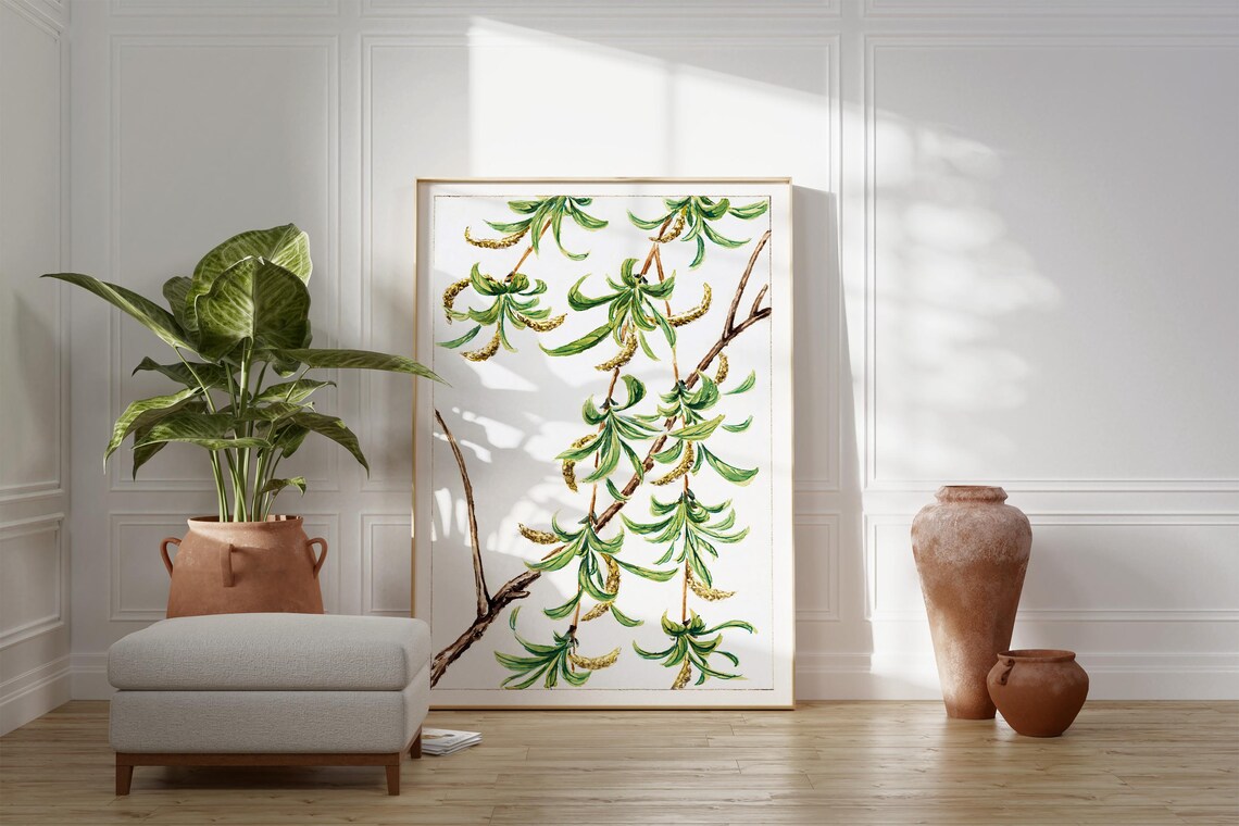 Willow Tree Branches With Catkins Japanese Botanical Zen Watercolor Poster - Image 2