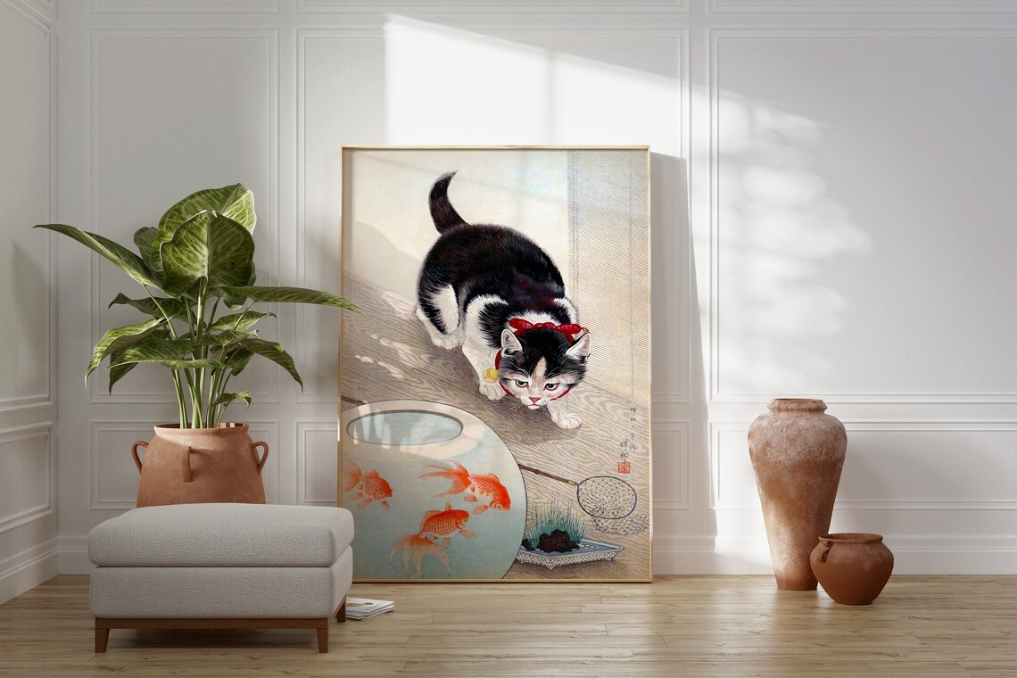 Ohara Koson Cat And Goldfish Bowl Vintage Japanese Woodblock Art Poster - Image 3