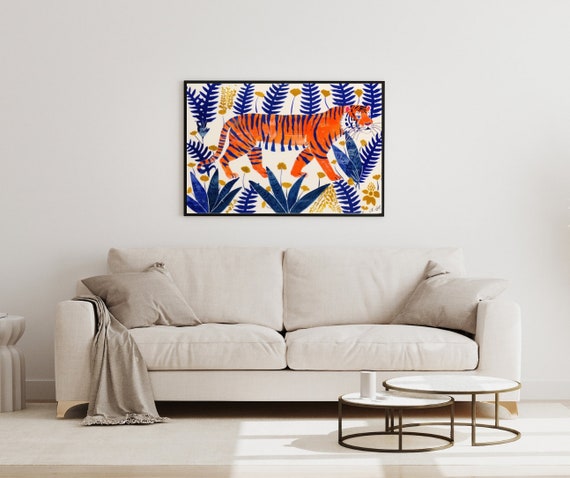 Tiger And Flowers Art Print Vibrant Tiger Jungle Animal Illustration For Bedroom Wall Art Gift For Her Exotic Nature Illustration