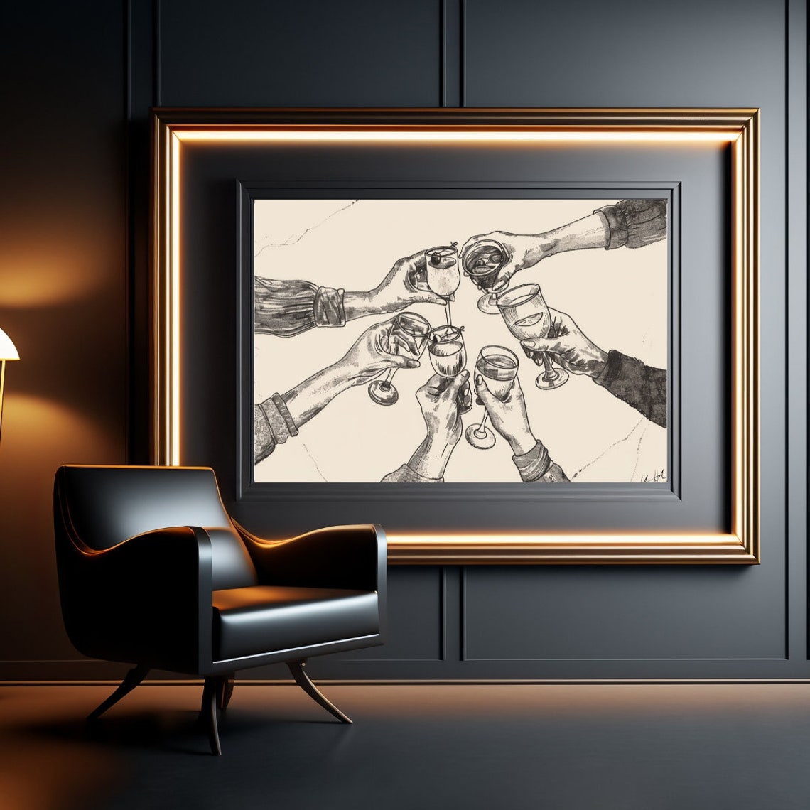 Cheers Cocktail Toast Hands Sketch Elegant Bar Cart Celebration Poster