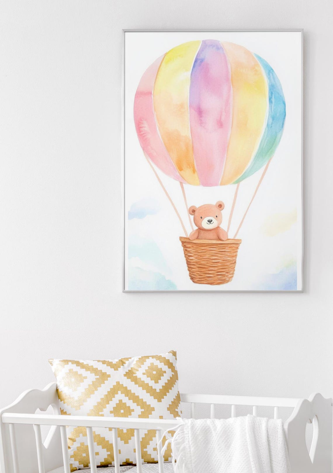 Pastel Rainbow Balloon With Teddy Bear In Basket Nursery Poster - Image 3