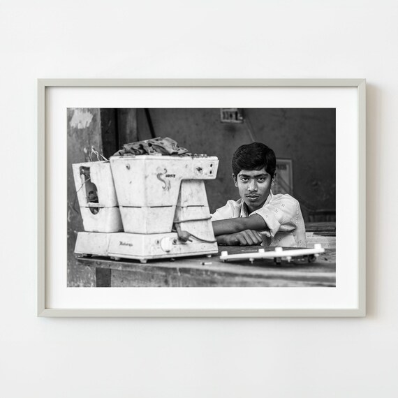 Young Man at Work Bench Black and White India Portrait Photo Poster