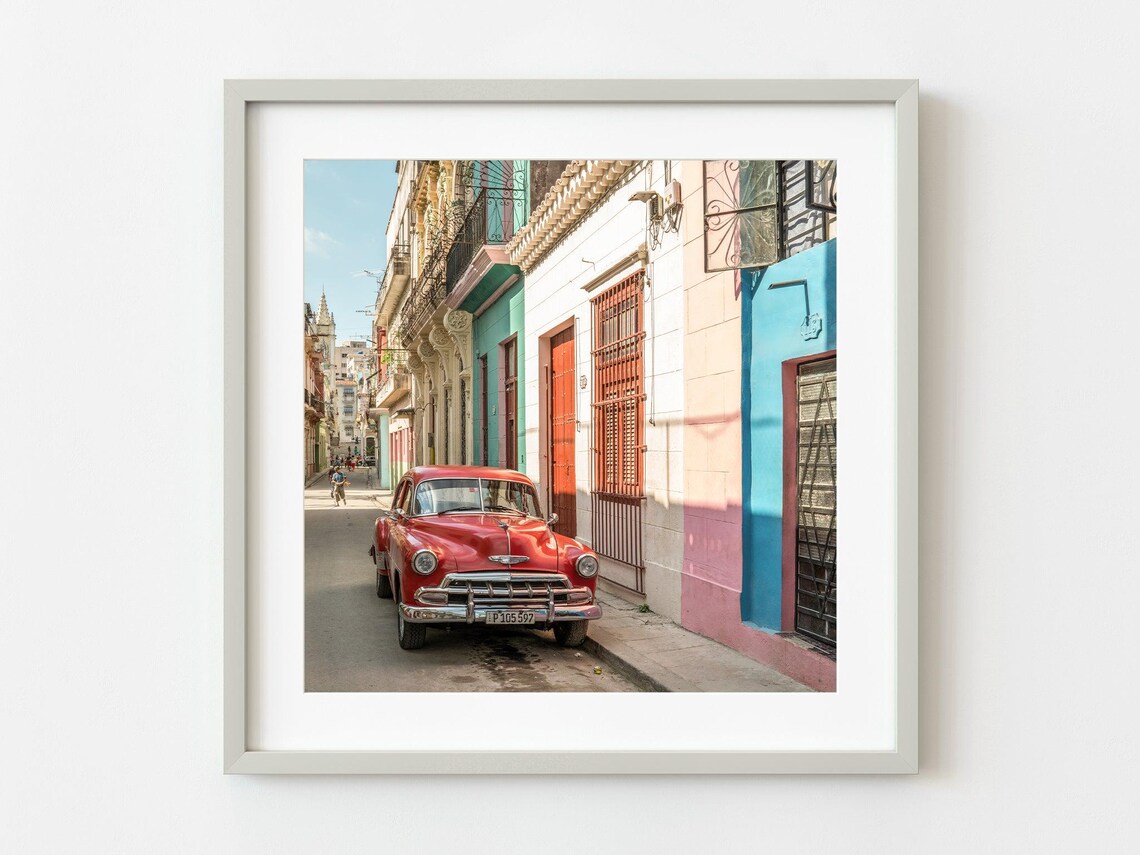 Classic Red Car Poster Havana Street Photography With Vintage Automobile And Color