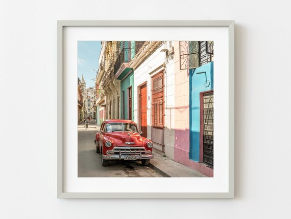 Classic Red Car Poster Havana Street Photography With Vintage Automobile And Color