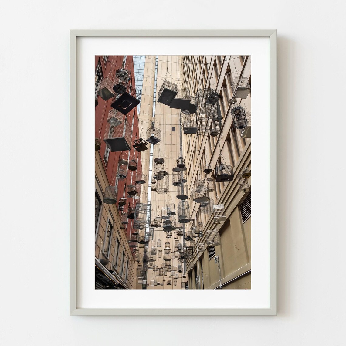 Suspended Empty Birdcage City Alley Art Installation Photo Poster